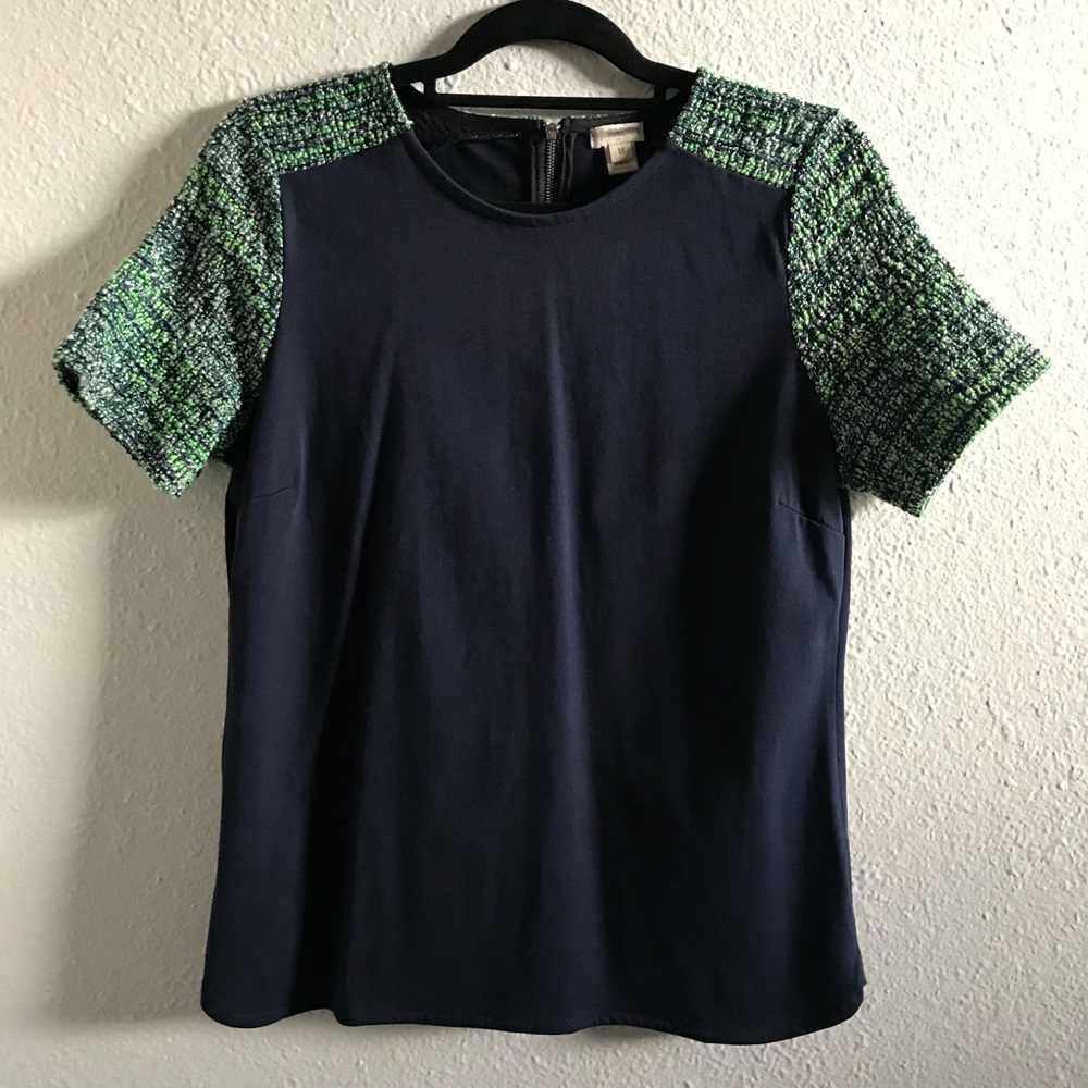 J.CREW blue w neon green tweed short sleeves